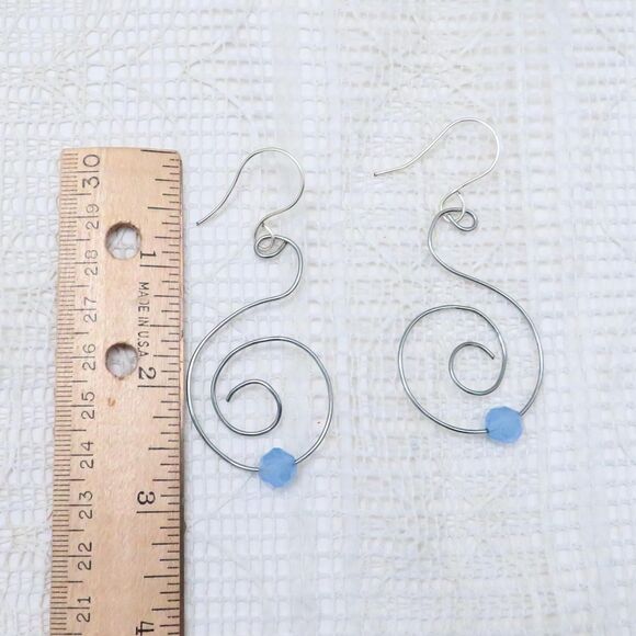 Silver Dangle Spiral Earrings with Blue Stone Handmade Lightweight Drop Earrings - Picture 7 of 8